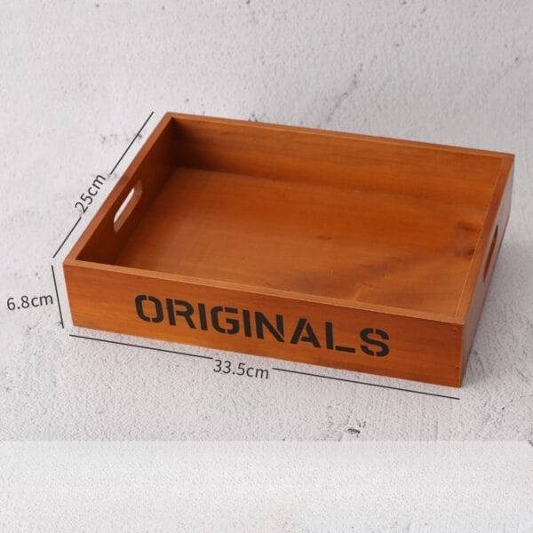 Wooden serving tray with handles and "ORIGINALS" text, dimensions 33.5x25x6.8cm