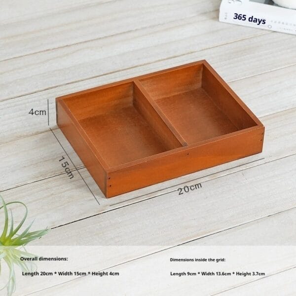 Wooden tray with two compartments, showcasing dimensions: 20cm length, 15cm width, and 4cm height