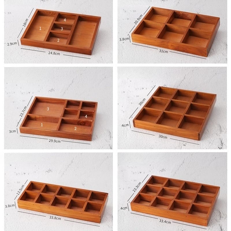 AUTO-DRAFT: Collage of wooden trays with compartment dividers for jewelry, crafts, or organization