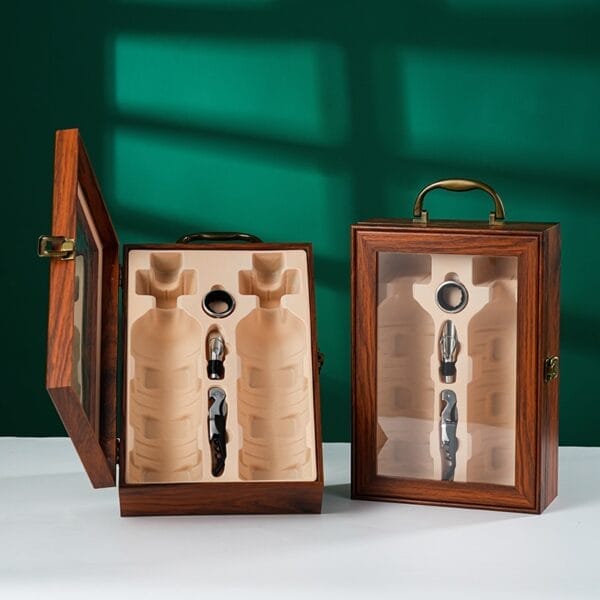 Wooden wine gift box set with accessories, one open, one closed, elegant presentation.