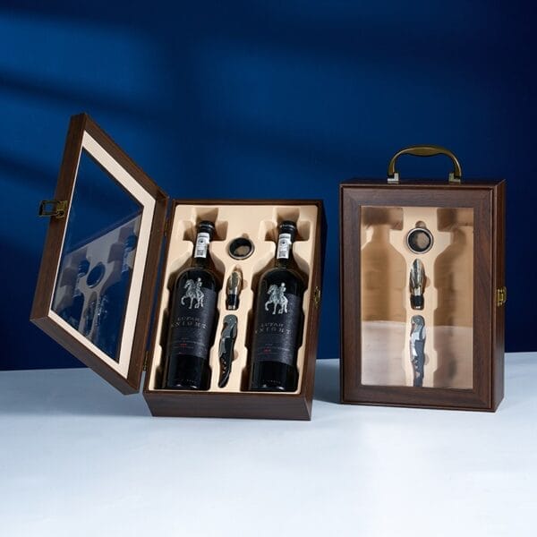 AUTO-DRAFT wine set: Two bottles with accessories in elegant wooden display cases.