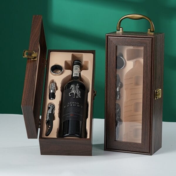 Wooden wine gift box set with bottle, corkscrew, stopper, and ring