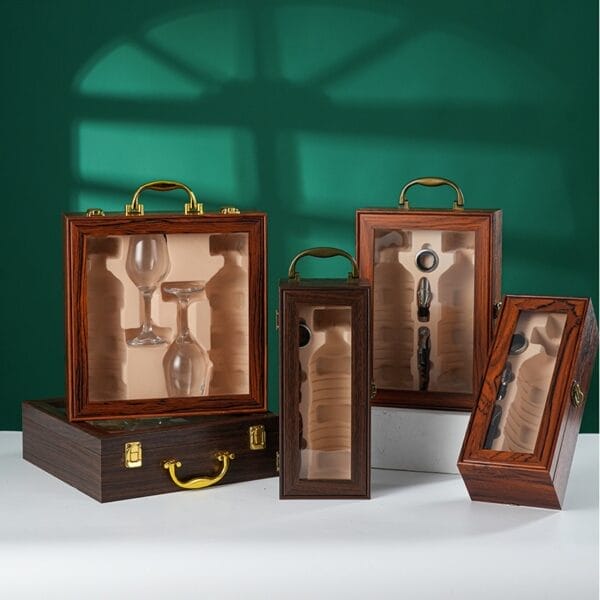 AUTO-DRAFT: Assorted wooden wine bottle gift boxes with handles and clear display windows