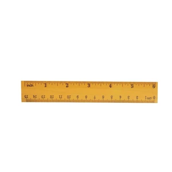 Orange painted yellow wood ruler, marked in inches and centimeters, ideal for schools. Wholesale and custom logo options available.